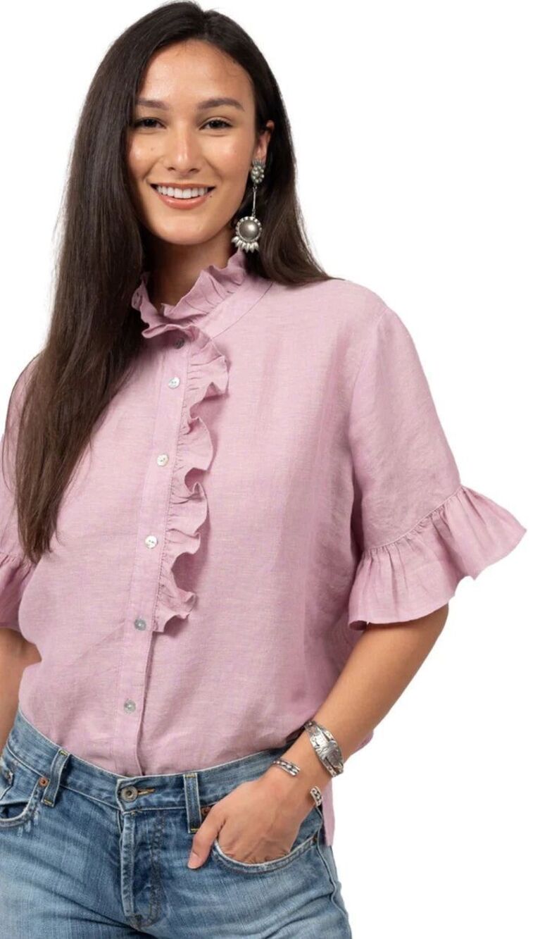 Ivy Jane Crossed Dyed Linen Top ruffle hem short sleeves